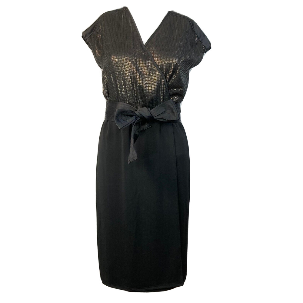 Narciso Rodriguez Dress Womens Sz XS Black Gold V-Neck Pencil Sheath Cocktail
